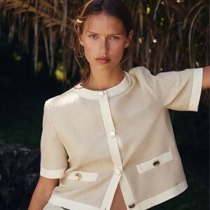 Zara Cream Collarless Button Top